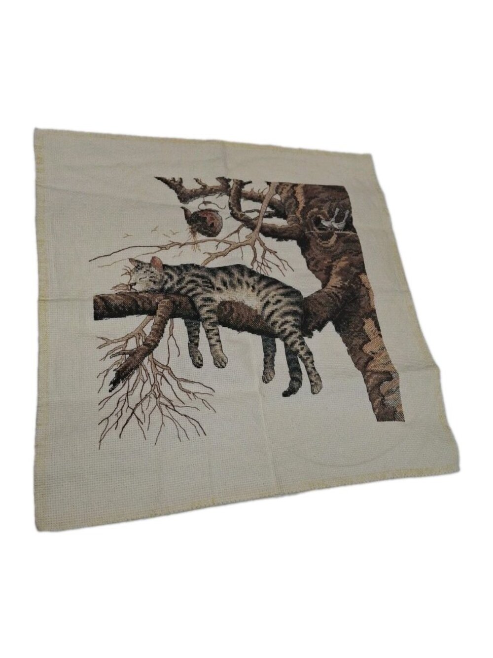 Dimensions COMPLETED Cross Stitch Cat on Tree "Too Pooped" Ready to Frame